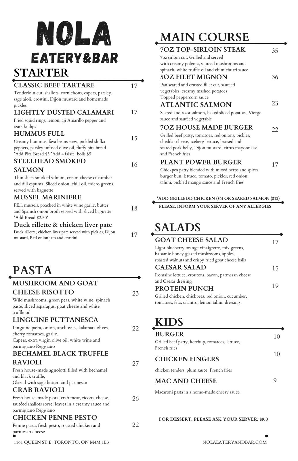 Nola eatery bar Main Menu