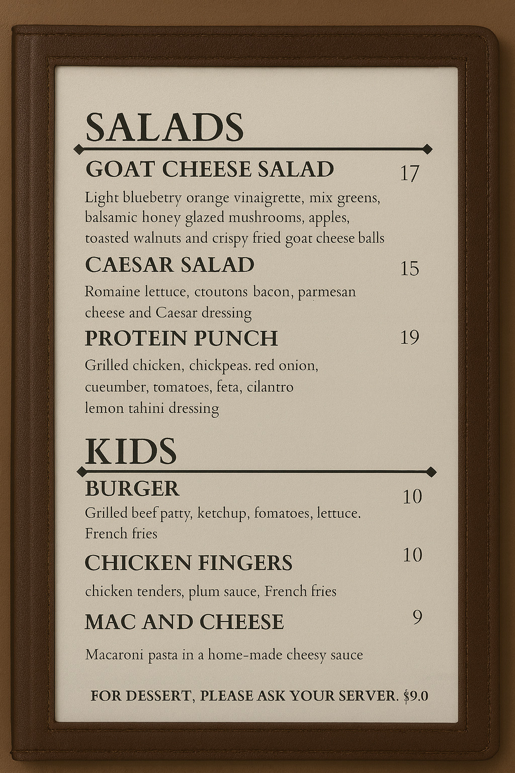 FRESH ORGANIC SALAD AND KIDS MENU